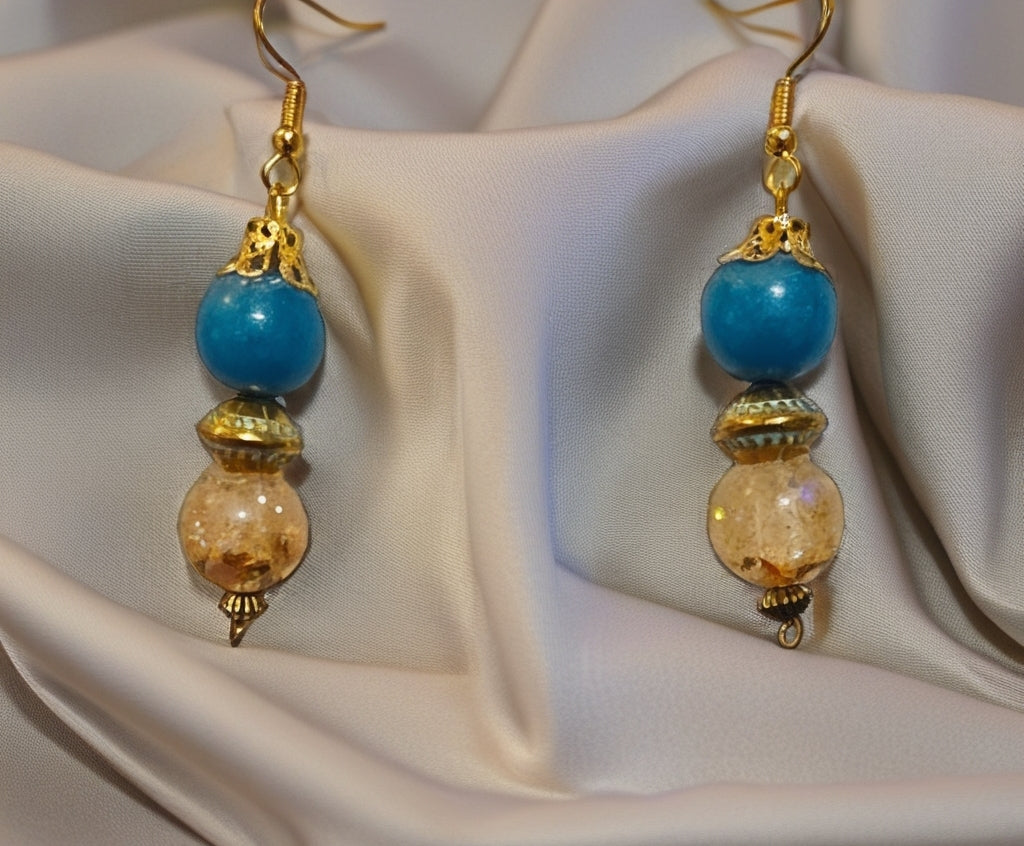 Gold dangles with blue and gold beads
