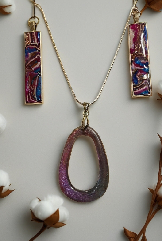 Resin necklace and clay dangle earrings